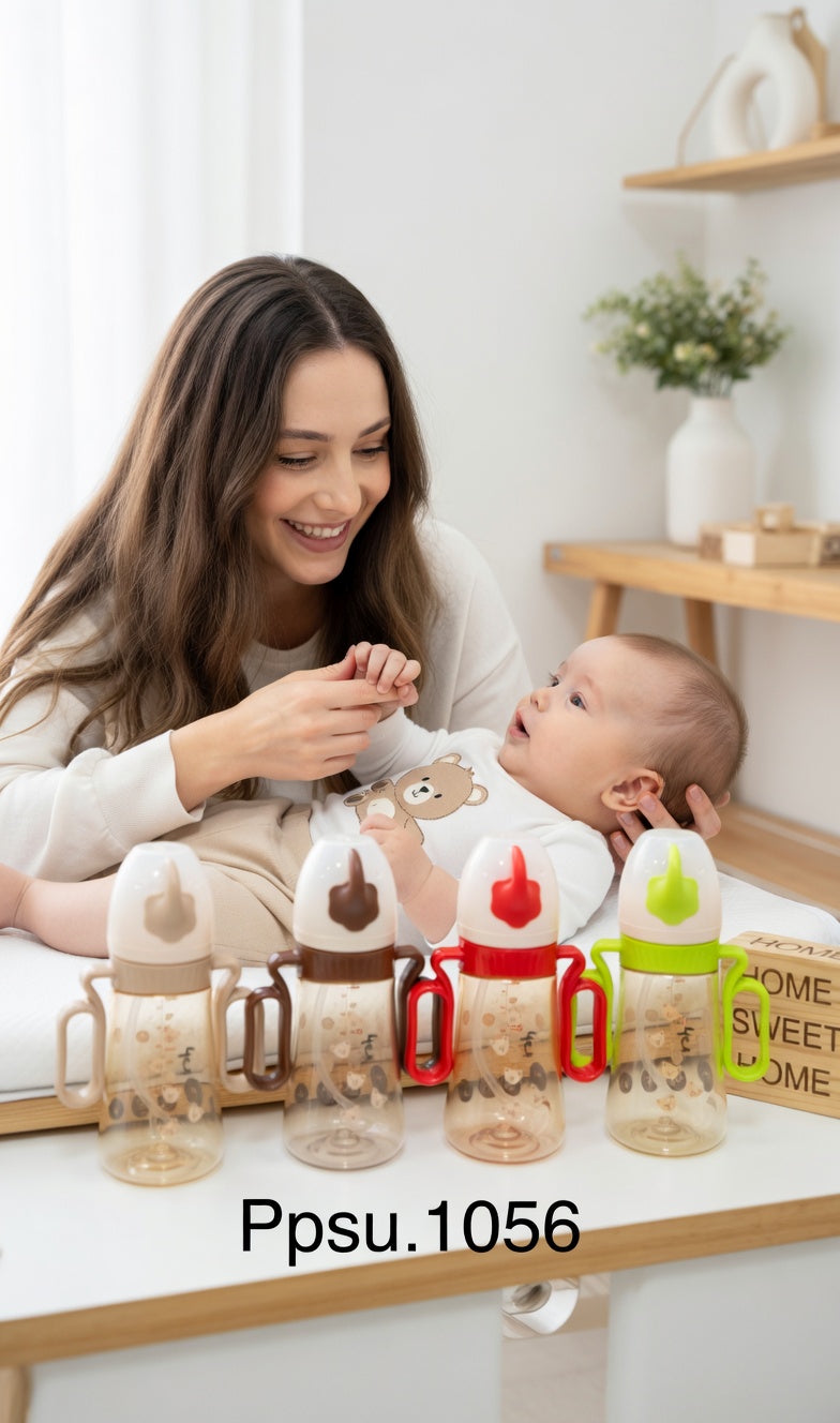 PPSU 1056 Bear Print Baby Bottle with Animal Spout Lid – 300ml (4 Colors)